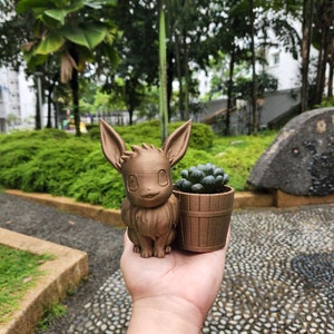 Könnte beinhalten: Eine bronzene Figur eines Pokémon-Charakters, Eevee, die eine kleine Sukkulente in einem braunen Holztopf hält. Die Figur und der Topf werden in der Hand einer Person gehalten.
