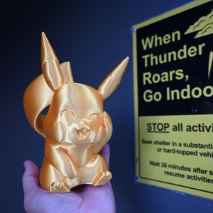 Peut inclure: Une figurine dorée de Pikachu, imprimée en 3D, avec une expression souriante. La figurine est tenue dans une main. Un panneau jaune avec du texte noir indique "When Thunder Roars, Go Indoors!" et des consignes de sécurité.