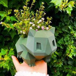 May include: A green, geometric, 3D printed planter shaped like a cartoon character. The planter is holding a small plant with pink flowers.