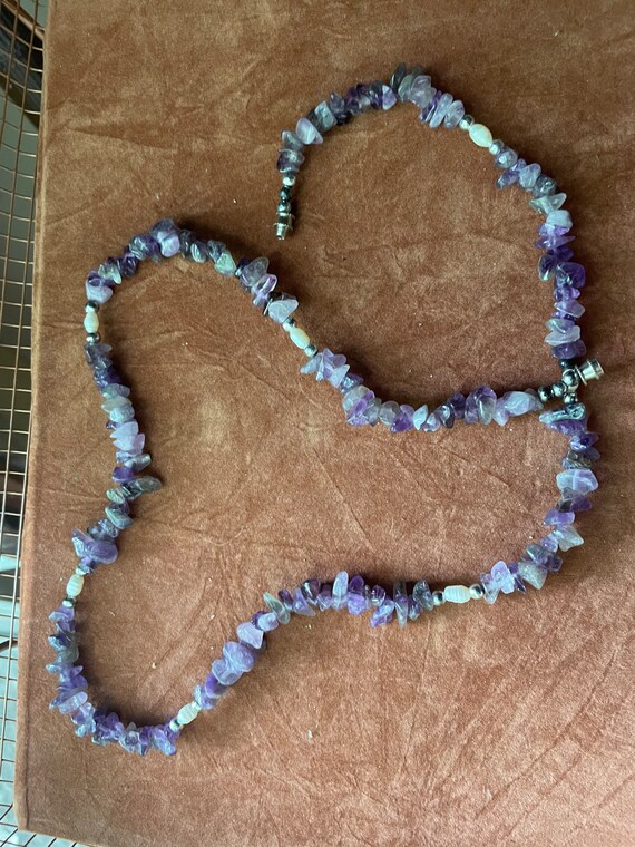 Real Pearl amethyst chips nuggets real silver stone beaded necklace rare