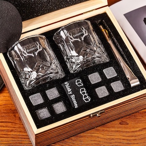 Personalized Whiskey Glass Set with Wooden Box, Whiskey Stone Set, Groomsmen Gift, Best Man Gift, Boyfriend Gift, Whiskey Gifts for Him Dad