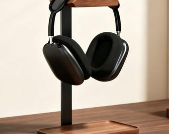 Personalized Walnut Headphone Stand, Custom Engraved Wood Headset Holder, Gamer Desk Setup, Audiophile Gift for Him, Music Studio Decor