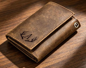 Personalized Leather Wallet with Anti-Theft Chain, Handmade Trifold Wallet with Key Holder, Gift for Him, Dad, Husband