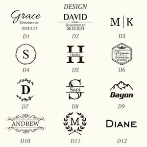 May include: Twelve different designs for personalized engraved gifts. Each design features a different font style and graphic element, including a wreath, a mountain range, and a monogram. The text "DESIGN" appears at the top of the image.