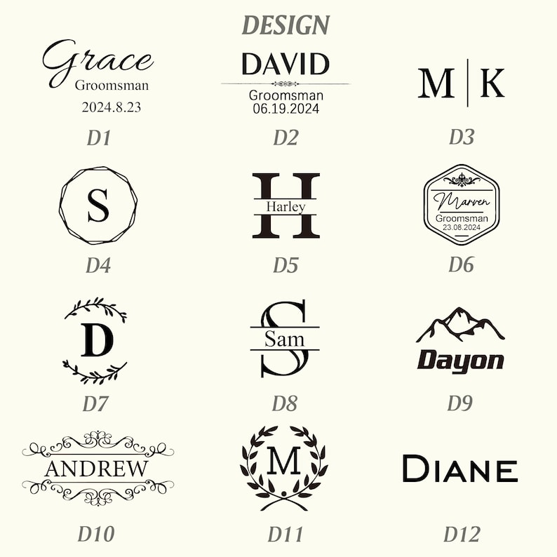 May include: Twelve different designs for personalized engraved gifts. Each design features a different font style and graphic element, including a wreath, a mountain range, and a monogram. The text "DESIGN" appears at the top of the image.