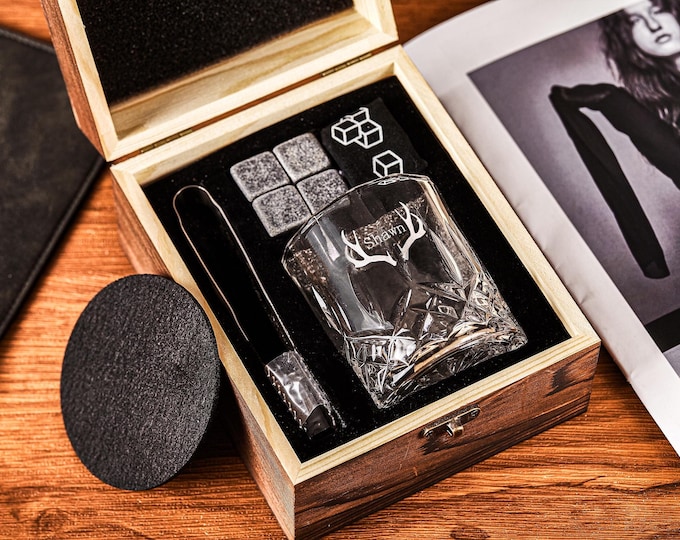 Personalized Whiskey Glass Set with Wooden Box, Groomsmen Gift idea, Best Man Gift, Luxury Groomsmen Gift box,Whiskey Gifts for Him
