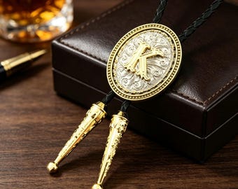 Southwestern Initial Bolo Tie，Personalized Gifts for Him Leather Cowboy Necktie Letter Name Accessories Mens Necklace Leather Cord Woven