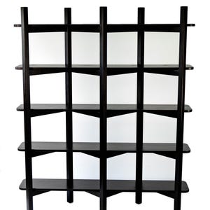 Full front view of the 5-shelf black Wenge bookshelf on a white studio background.