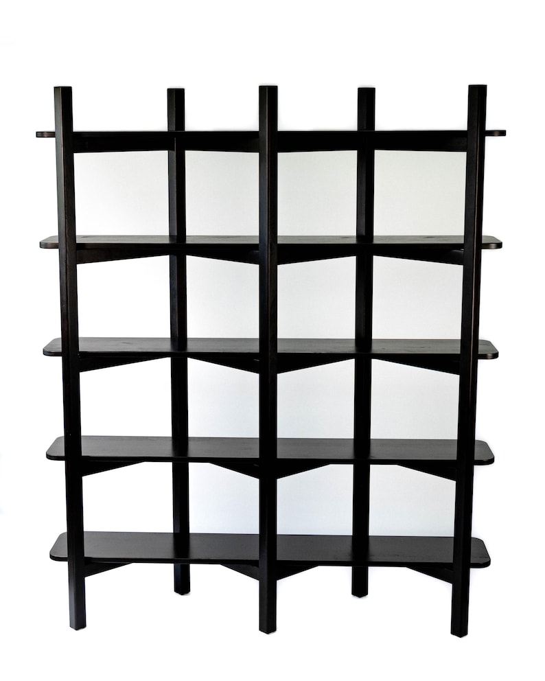 Full front view of the 5-shelf black Wenge bookshelf on a white studio background.