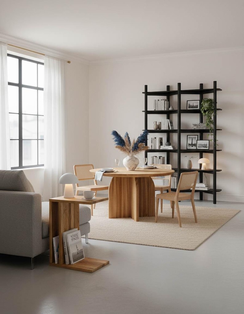 An inspiration image showing the black Wenge bookshelf and oak dining table from the same Dabov Studio collection.