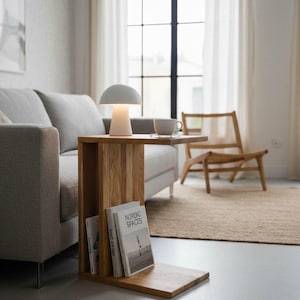 C Shaped Side Table for Couch Solid Oak Laptop Stand Small Computer Desk Wooden Sofa Table Slide Under Armrest Table Japandi Furniture