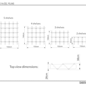 A technical drawing showing all available heights: 2, 3, 4, and 5-shelf versions with dimensions in centimeters.