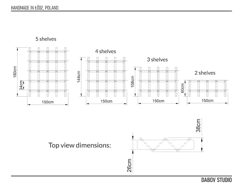 A technical drawing showing all available heights: 2, 3, 4, and 5-shelf versions with dimensions in centimeters.