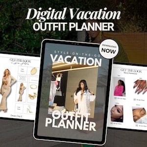 Puede incluir: Un planificador de atuendos de vacaciones digital con un fondo blanco y el texto "STYLE-ON-THE-GO VACATION OUTFIT PLANNER" en negro. El planificador incluye una sección para el mantenimiento de la belleza con el texto "GET THE LOOK Beauty Maintenance" y una sección para atuendos con el texto "GET THE LOOK Express Yourself" y una sección para atuendos con el texto "GET THE LOOK Beauty Maintenance".