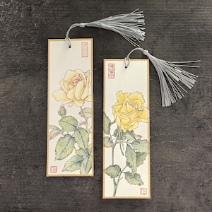 Hand-Painted Yellow Rose Bookmark: Chinese Art with Silk Tassel