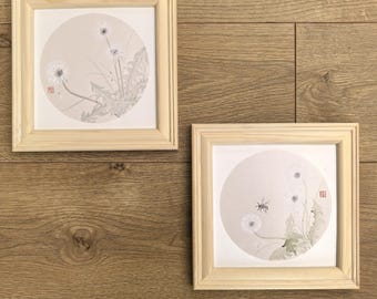100% Hand-Painted Silk Art, Chinese Dandelion and Bee Painting Set, Framed Nature Wall Decor, Elegant Gift for Art Lovers
