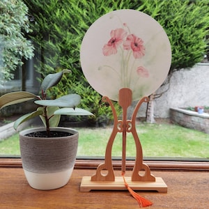 Ventaglio rotondo cinese dipinto a mano al 100%, arte floreale del papavero, ventaglio tradizionale con supporto in bambù, elegante decorazione per la casa e regalo