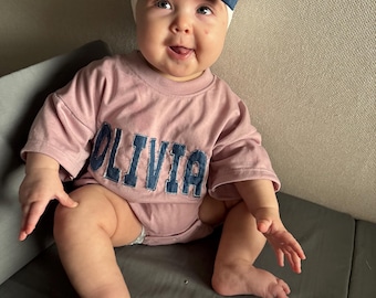 Personalized Baby Bubble Romper: Denim Name, Matching Bow Headband