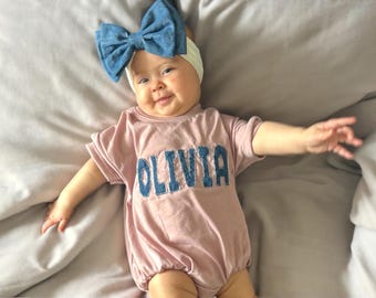 Personalized Baby Bubble Romper: Custom Name Denim Applique