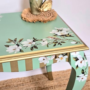 Hand-Painted Vintage Green & Gold Side Table. Elegant Bedside, End Table