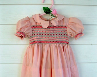 Smocked Little Girls Dress, Size 12 - 18 mos., Toddler Smocked Pink Dress, Handmade Smocked Childs Dress, by enfantjoli.etsy.com