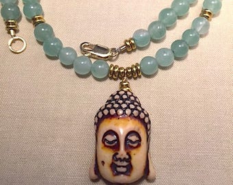 Buddha Necklace, Carved Buddha Head, Aventurine necklace, Buddha Green Aventurine, Green Aventurine beads, Buddha with beads