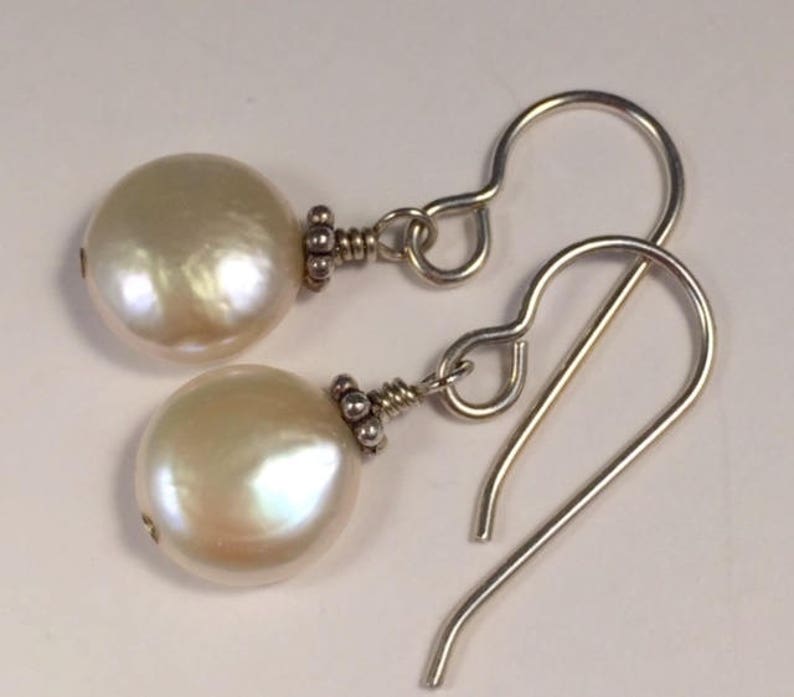 White Coin Pearls with Sterling Silver, Rich Nacre, Beautiful Depth of Color, Highest Quality. image 1