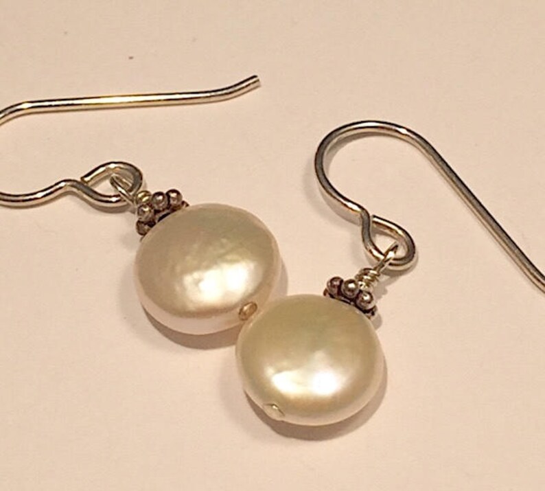 White Coin Pearls with Sterling Silver, Rich Nacre, Beautiful Depth of Color, Highest Quality. image 2