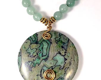 Green Jasper and Green Aventurine Necklace, Green Jasper Pendant, Green Jasper with Green Aventurine Beads, Green Necklace