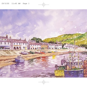 May include: Watercolor painting of a coastal town with buildings along the shore. Several boats are docked in the water, and a green hill rises in the background. The sky is a mix of purple and white.