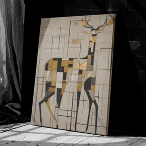 Piet Mondrian Style Deer Geometric Abstract Canvas Print, Modern Minimalist Art Blue Yellow Grid Wall Decor, Mid Century Inspired Home Decor