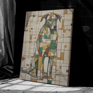 Piet Mondrian Style Dog Geometric Abstract Canvas Print, Modern Minimalist Art Blue Yellow Grid Wall Decor, Mid Century Inspired Home Decor