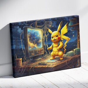 Pikachu Canvas Art Starry Night Sky, Cute Pikachu Wall Decor, Perfect Gift for Anime and Lovers, Fun and Vibrant Artwork