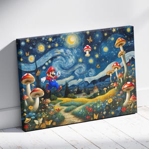Super Mario Starry Night Canvas Poster | Video Game Art | Mario Wall Decor | Van Gogh Inspired Art Print | Gaming Room Decor | Ready To Hang