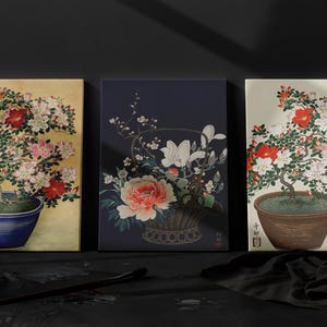 Ohara Koson Canvas Art Set Of 3 | Blooming Azalea in Blue Pot Japanese Prints, Vintage Bird & Flower Art, Canvas Wall Decor Ohara Koson