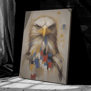 Piet Mondrian Style Eagle Geometric Abstract Canvas Print, Modern Minimalist Art Blue Yellow Grid Wall Decor Mid Century Inspired Home Decor