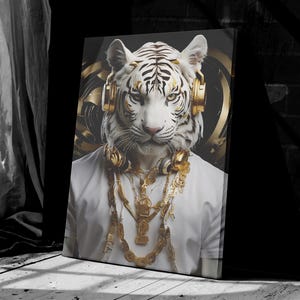 Dj Luxurious White Tiger Portrait with Gold Chains and Headphones Canvas Print Dj Stylish Decor for Modern Animal Art Lovers