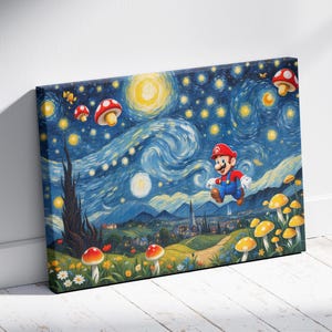 Super Mario Inspired Canvas Print, Starry Night Video Game Art, Mushroom Kingdom Decor, Mario Wall Art Poster for Gaming Room, Fun Gift Idea