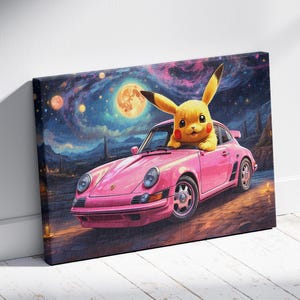 Pikachu Canvas Art with Pink Sports Car, Starry Night Sky, Cute Pikachu Decor, Perfect Gift for Anime and Car Lovers, Vibrant Wall Art