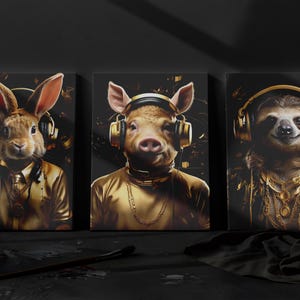 Trendy Animal DJ Wall Art Set Of 3 - Cool Rabbit, Pig, and Sloth with Headphones in Gold | Perfect Canvas or Poster for Music Lovers