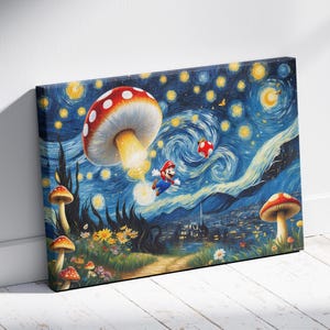 Super Mario Starry Night Canvas Poster | Video Game Art | Mario Wall Decor | Van Gogh Inspired Art Print | Gaming Room Decor | Ready To Hang