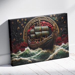 Wikingerschiff Leinwand Kunst, Majestätische nordische Langschiff Wanddekoration, Nordische Ozean Abenteuer Kunstwerk, Perfektes Geschenk für Geschichts- und Mythologieliebhaber