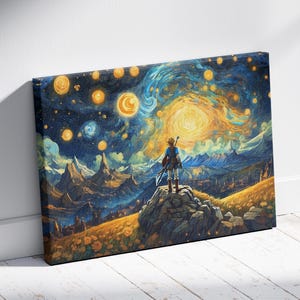 Lienzo de The Legend of Zelda, póster de héroe y cielo estrellado, arte de pared inspirado en videojuegos de noche estrellada, decoración de aventuras fantásticas, regalo para gamers.
