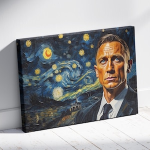 James Bond Starry Night Van Gogh Inspired Canvas, Daniel Craig Canvas Art, Movie Fan Gift, Wall Art, Famous Painting, 007 Decor Print Poster