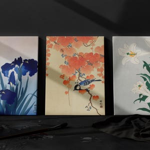 Ohara Koson Canvas Art Set Of 3 | Lilies, Iris Japanese Prints, Vintage Bird & Flower Art, Ukiyo-e Style Canvas Wall Decor Ohara Koson