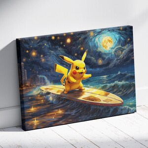Surfing Pikachu Canvas Art under Starry Night Sky, Cute Pikachu Wall Decor, Perfect Gift for Anime and Ocean Lovers, Fun and Vibrant Artwork