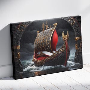 Wikingerschiff Leinwand Kunst, Majestätische nordische Langschiff Wanddekoration, Nordische Ozean Abenteuer Kunstwerk, Perfektes Geschenk für Geschichts- und Mythologieliebhaber