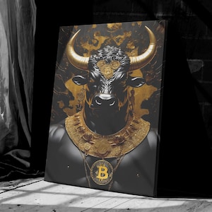 Bull Bitcoin Canvas Bull Bitcoin Wall Art Money Crypto Coin Poster Bitcoin Canvas Art Gold Bear Wall Art, Bull Painting Ready To Hang