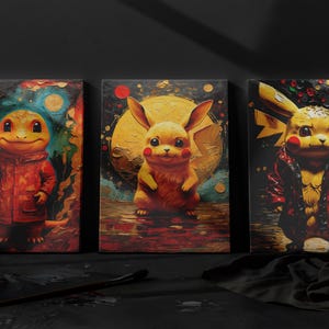 Pikachu and Charmander Starry Night Canvas Art Set Of 3 | Pikachu Vibrant Fantasy and Pop Culture-Inspired Wall Art Charmander