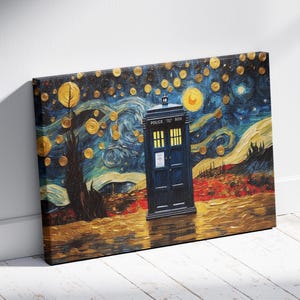 Tardis und Sternennacht Leinwand Kunst | Sternenklare Nacht inspirierte Stadtbild Poster | TARDIS Kunst | Doctor Who Dekor Van Gogh Style Doctor Who Poster